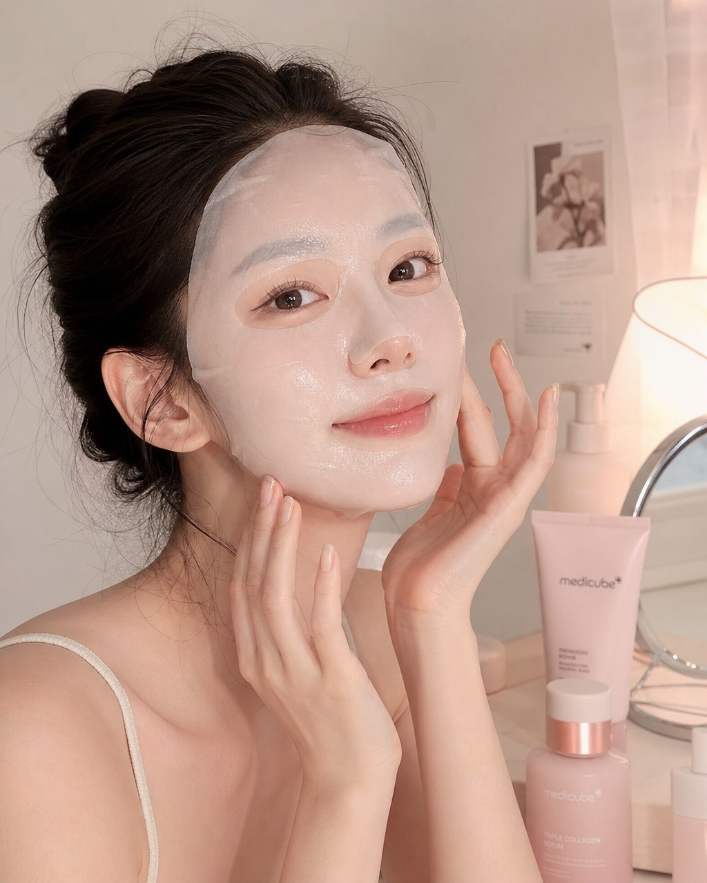 Estilo coreano Pinterest com máscara de skincare no rosto
